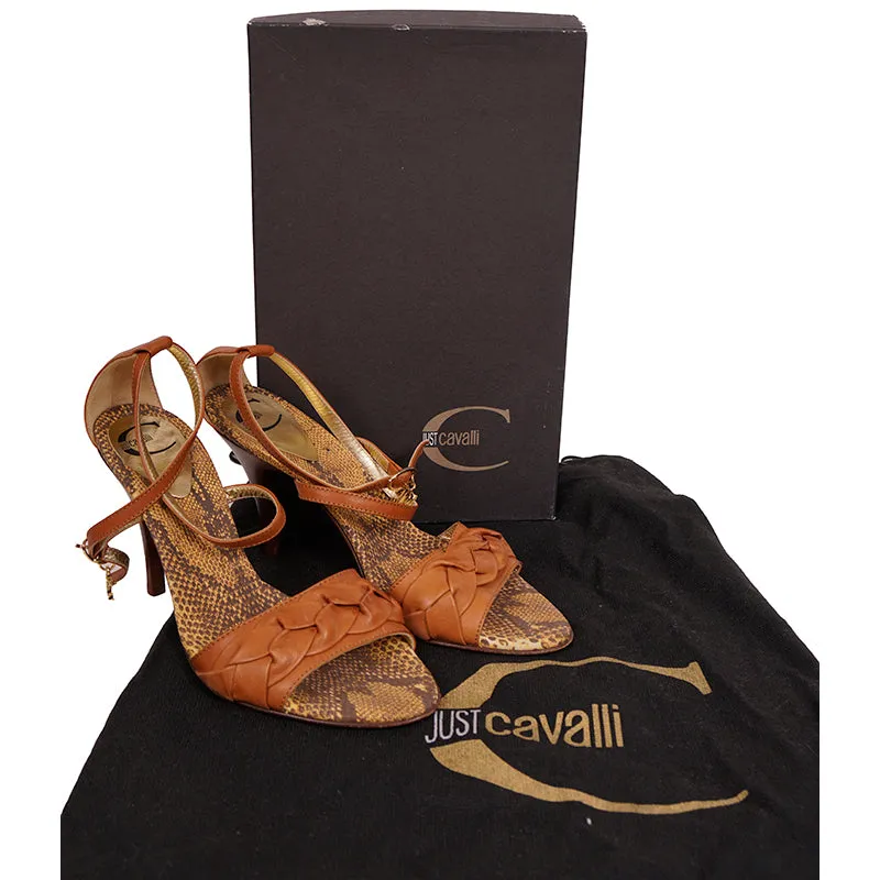37 NEW $535 JUST CAVALLI Cognac Brown Leather BOHO BRAIDED Ankle LOGO SANDALS